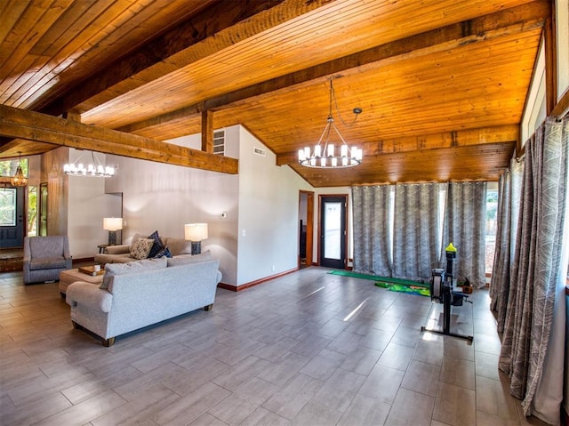 living room featuring vaulted ceiling with beams, plenty of natural light, wood ceiling, and a notable chandelier