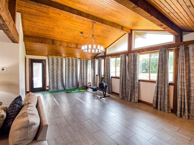 unfurnished sunroom with vaulted ceiling with beams, wood ceiling, and a notable chandelier