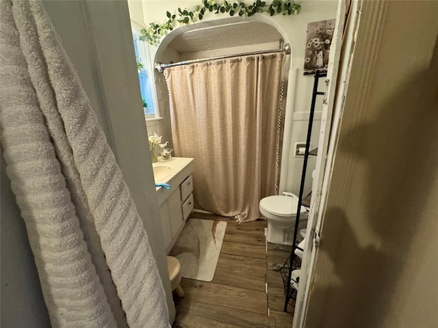 full bathroom featuring vanity, a shower with shower curtain, wood finished floors, and toilet