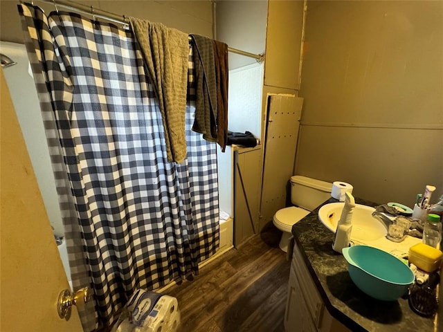 bathroom with vanity, toilet, and wood finished floors