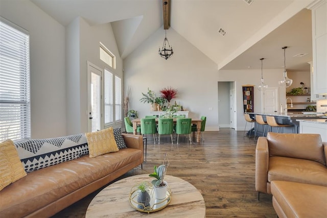 living area featuring visible vents, beamed ceiling, high vaulted ceiling, baseboards, and dark wood-style flooring