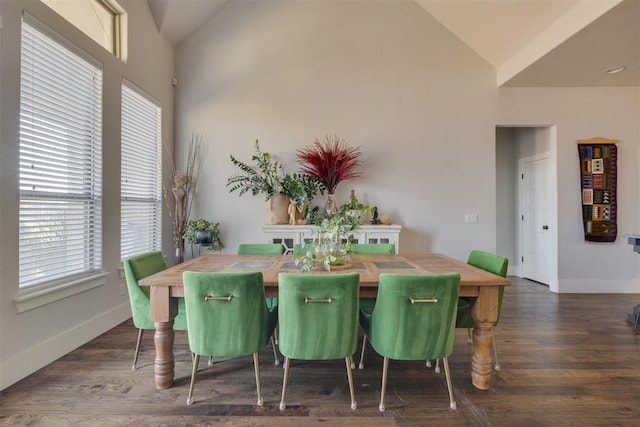 dining room featuring wood finished floors, baseboards, and high vaulted ceiling