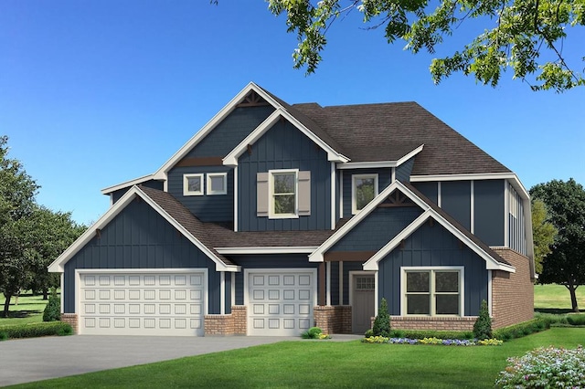 view of front of property featuring a front yard, board and batten siding, and brick siding