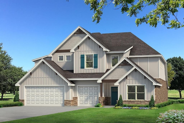 craftsman house featuring board and batten siding, a front yard, brick siding, and roof with shingles