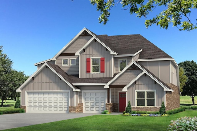 craftsman house with board and batten siding, a front yard, brick siding, and a shingled roof