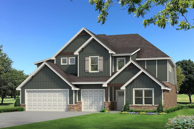 view of front facade with board and batten siding, brick siding, and a shingled roof