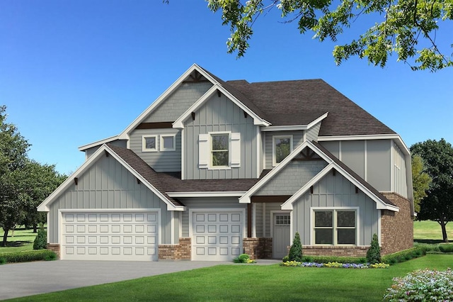 craftsman house featuring board and batten siding, a front yard, brick siding, and a shingled roof