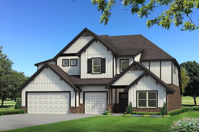 view of front of house featuring board and batten siding, brick siding, a shingled roof, and a front lawn