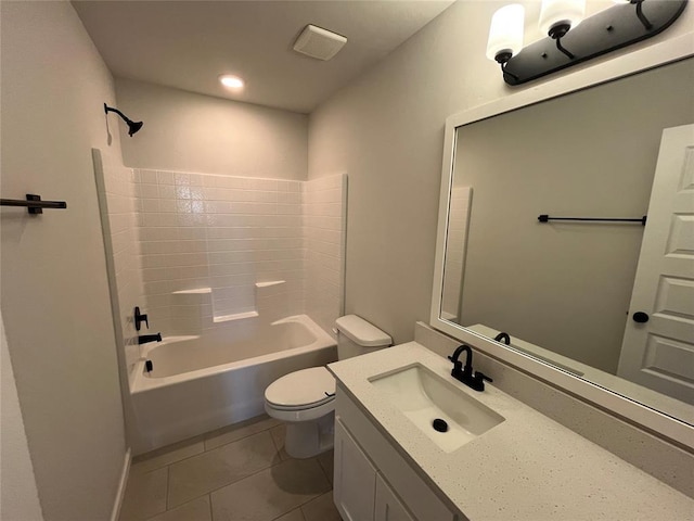 full bath with shower / washtub combination, tile patterned flooring, vanity, and toilet