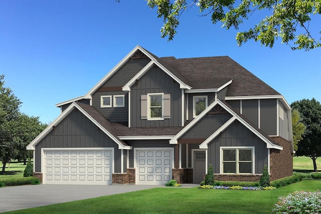 craftsman-style house with brick siding, concrete driveway, roof with shingles, board and batten siding, and a front yard