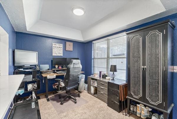 home office with a raised ceiling