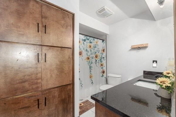 bathroom with visible vents, vanity, a shower stall, and toilet