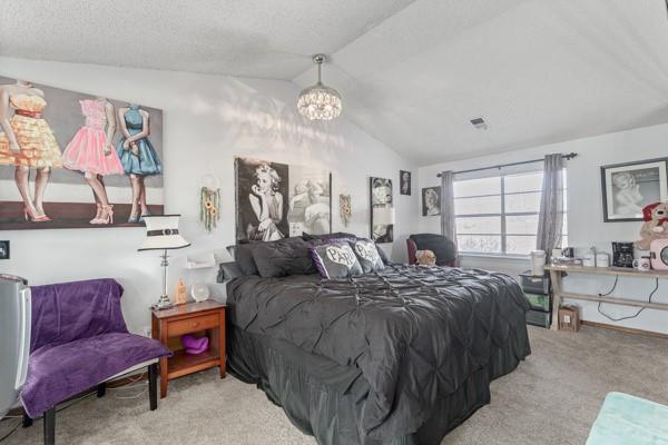 carpeted bedroom featuring lofted ceiling and a textured ceiling