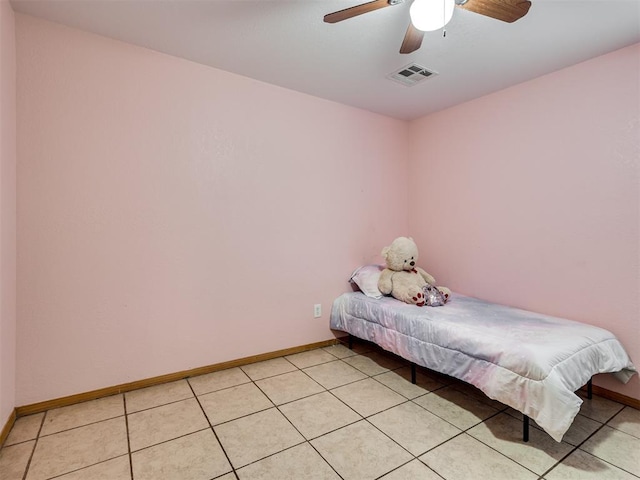 unfurnished bedroom with a ceiling fan, visible vents, baseboards, and light tile patterned floors