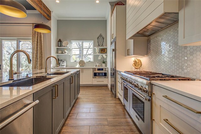 1212 W Wilshire Blvd, Nichols Hills, OK 73116 - kitchen featuring high end appliances, a sink, custom range hood, open shelves, and recessed lighting