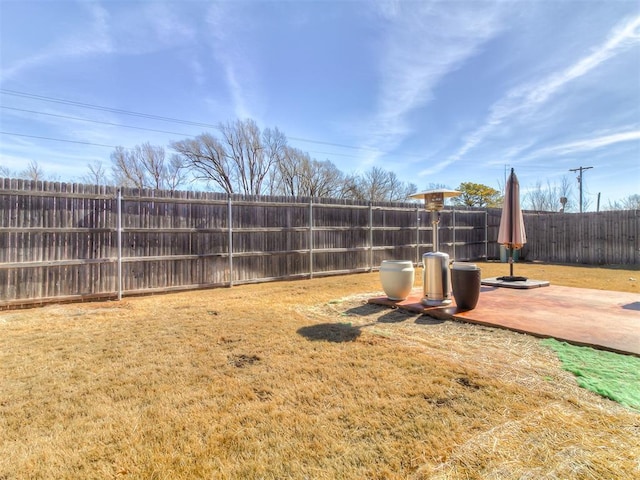 view of yard featuring a patio area and a fenced backyard