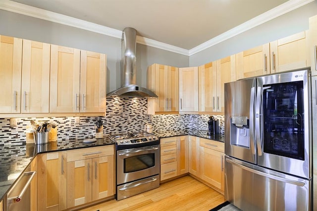 200 S Oklahoma Ave Unit 305, Oklahoma City, OK 73104 - kitchen with stainless steel appliances, light brown cabinets, wall chimney range hood, crown molding, and backsplash