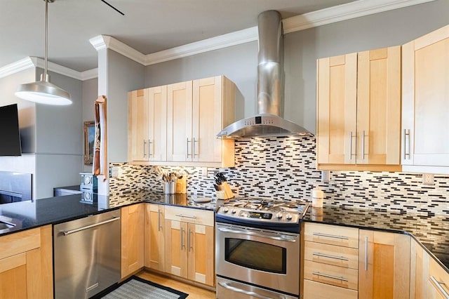 200 S Oklahoma Ave Unit 305, Oklahoma City, OK 73104 - kitchen featuring stainless steel appliances, light brown cabinets, wall chimney exhaust hood, and crown molding