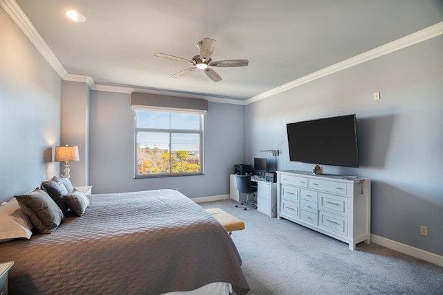 200 S Oklahoma Ave Unit 305, Oklahoma City, OK 73104 - bedroom featuring ornamental molding, light carpet, a ceiling fan, and a desk