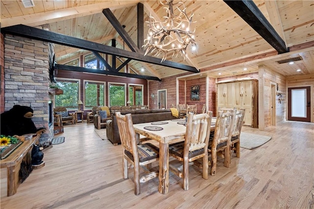 dining room featuring a chandelier, wooden ceiling, wood walls, wood finished floors, and beamed ceiling