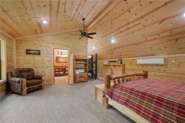 carpeted bedroom featuring lofted ceiling, an AC wall unit, wood walls, and wooden ceiling