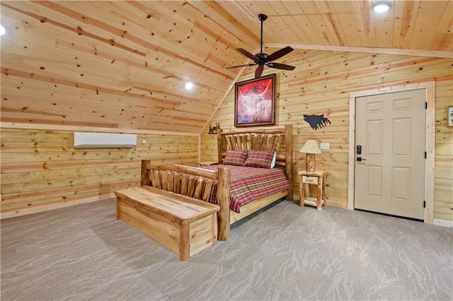 bedroom featuring wooden ceiling, wood walls, vaulted ceiling, and carpet flooring