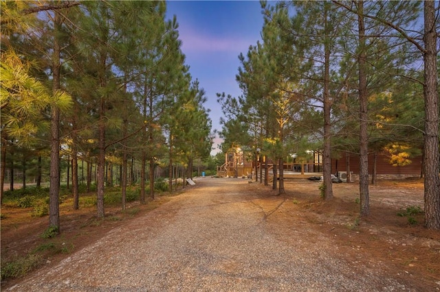 view of road with gravel driveway