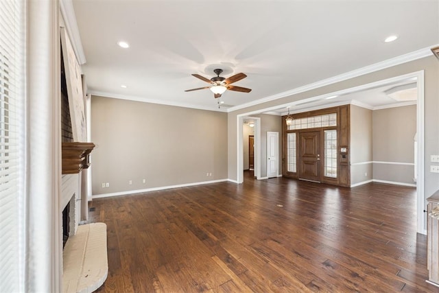 unfurnished living room featuring dark wood finished floors, a brick fireplace, baseboards, and ornamental molding