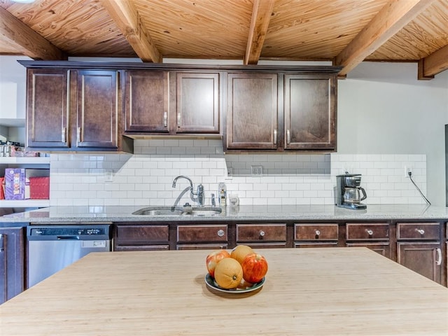 kitchen featuring beam ceiling, decorative backsplash, stainless steel dishwasher, dark brown cabinetry, and a sink