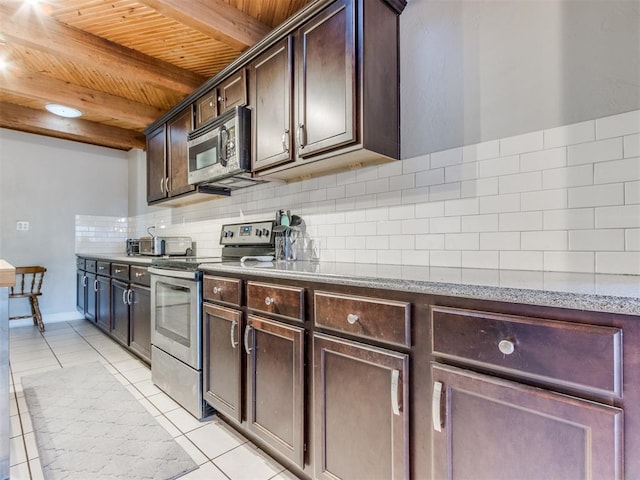 kitchen featuring light tile patterned floors, wood ceiling, dark brown cabinets, appliances with stainless steel finishes, and tasteful backsplash