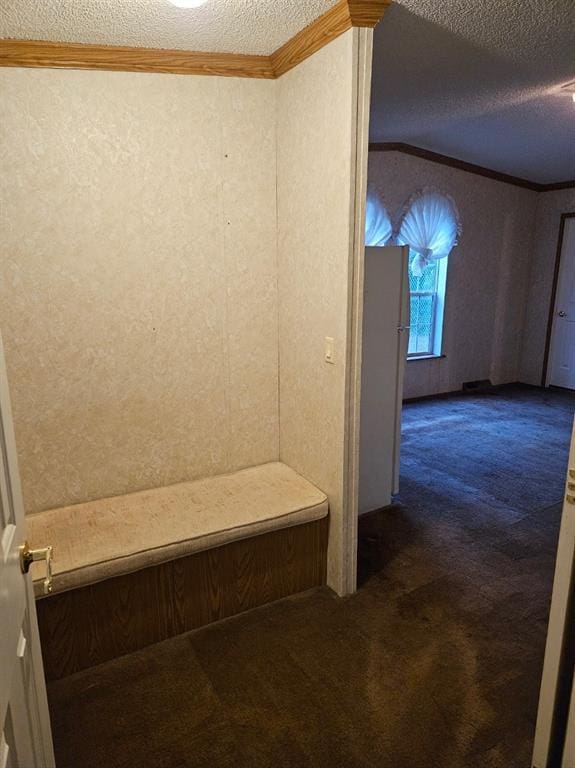 bathroom with a textured ceiling and ornamental molding