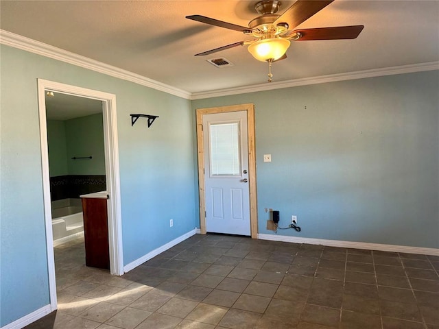 unfurnished room with ceiling fan, visible vents, and crown molding