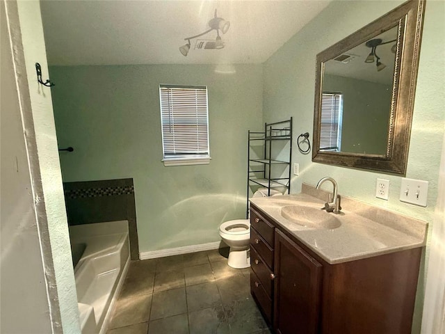 full bath featuring visible vents, toilet, tile patterned floors, a garden tub, and vanity