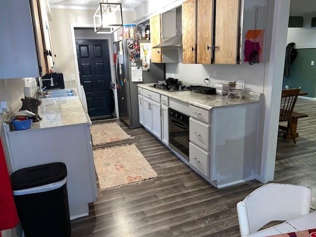 kitchen with dark wood finished floors, exhaust hood, and appliances with stainless steel finishes