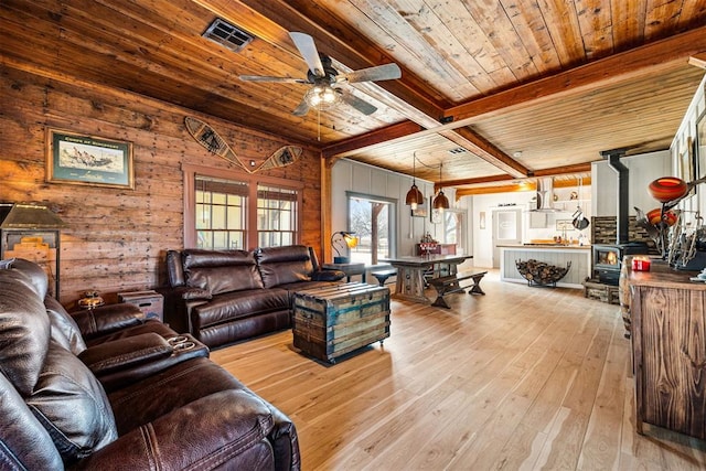 living area with visible vents, hardwood / wood-style flooring, wood ceiling, beamed ceiling, and a wood stove