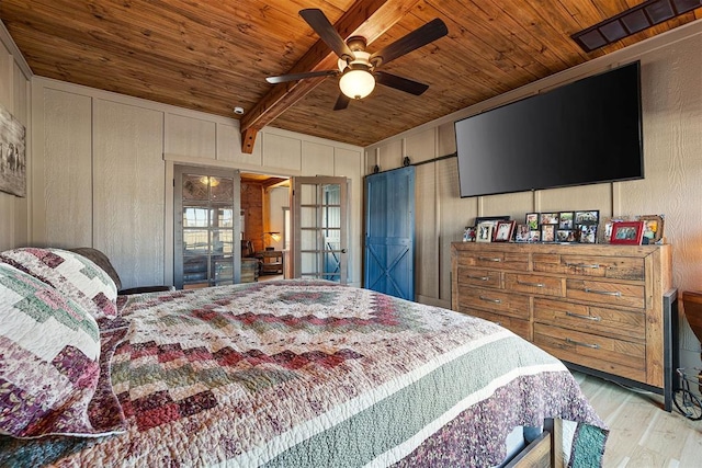 bedroom with a decorative wall, wood finished floors, visible vents, wood ceiling, and beamed ceiling