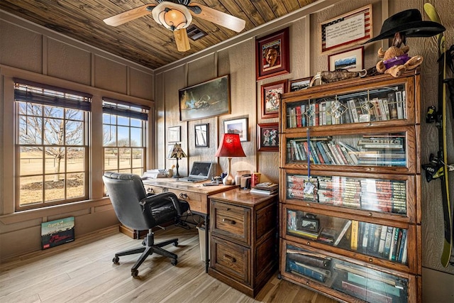 office featuring a ceiling fan, wood ceiling, and wood finished floors