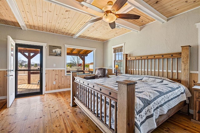 bedroom featuring wooden ceiling, beamed ceiling, and a wainscoted wall