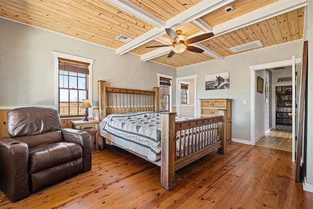 bedroom with a ceiling fan, wood ceiling, baseboards, hardwood / wood-style floors, and beamed ceiling