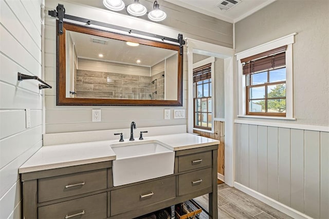 bathroom featuring wainscoting, visible vents, vanity, and wood finished floors