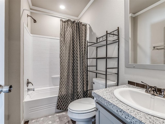 full bathroom with shower / bath combination with curtain, a textured wall, toilet, ornamental molding, and vanity