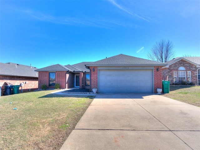 ranch-style home with an attached garage, brick siding, a shingled roof, driveway, and a front lawn