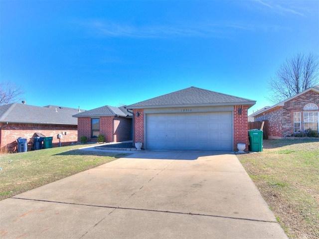 ranch-style house with driveway, a garage, roof with shingles, a front lawn, and brick siding