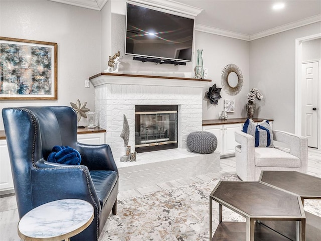 living room with a brick fireplace and crown molding