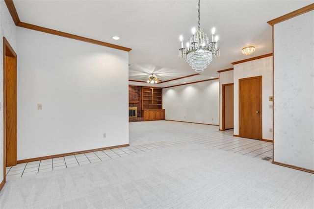 unfurnished living room with crown molding, light carpet, a fireplace, and built in shelves