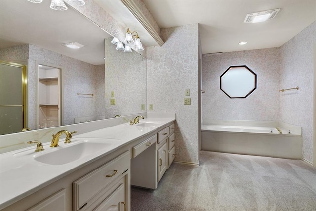 full bath featuring double vanity, a stall shower, a sink, and a bath