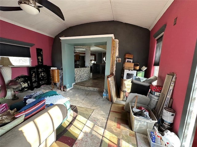 bedroom with ceiling fan and vaulted ceiling