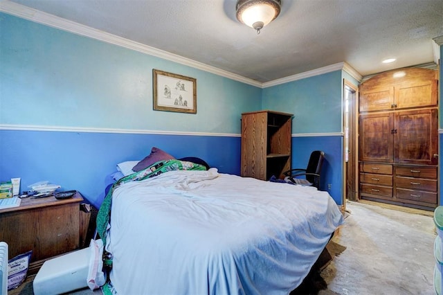 bedroom with ornamental molding and a textured ceiling