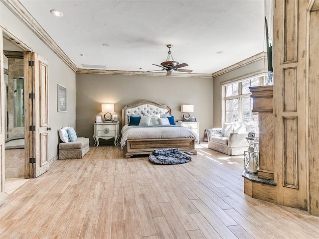 bedroom with ornamental molding, light wood-style floors, and a ceiling fan