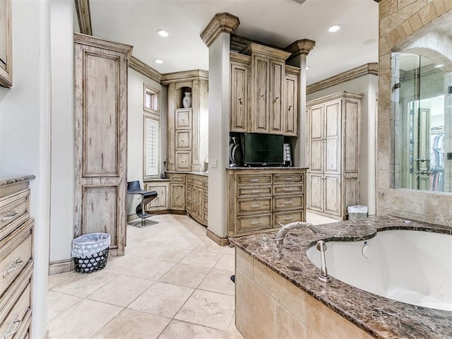 full bathroom featuring a jetted tub, tile patterned flooring, crown molding, and recessed lighting